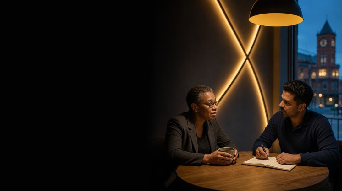 Two people in conversation at a table in a softly lit office