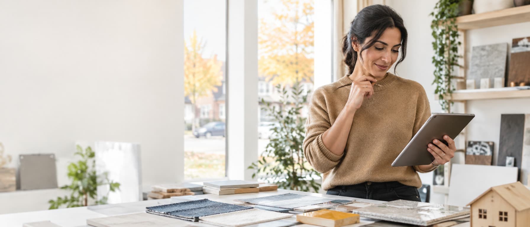A business owner reviewing plans on a tablet in her design studio